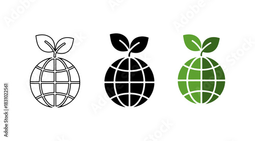 Global ecological protection and sustainability icon set featuring earth globe with green leaves