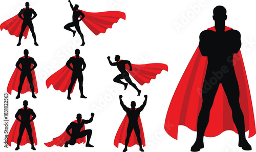 Collection of superhero silhouettes with flowing red capes, showing powerful poses like flying, standing, and arms crossed. Vector set.