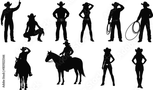 Collection of Western cowboy and cowgirl silhouettes, featuring men riding horses, holding lassos, and women posing. Vector set.