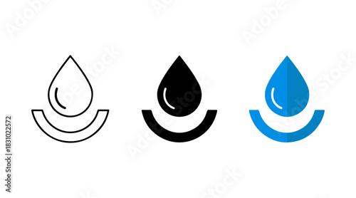 Water drop icon with ripple effect in three styles: outline, solid, and blue colored. liquid symbol.