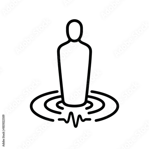 Thin-line black icon of winter sentinel emerging from frosted silence when a single cry is heard, symbolizing isolated awakening and protective cold force. Flat vector, ideal for RPG seasonal encounte