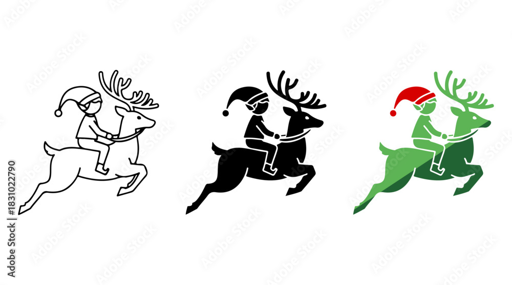 Fototapeta premium Cheerful christmas elf character riding a magical reindeer in outline, solid, and colorful vector graphics