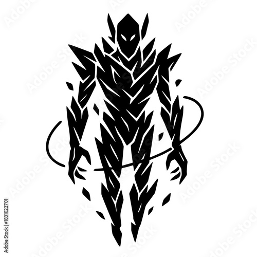Thin-line black icon of a runebound obsidian sentinel made from floating mineral shards animated by hidden power. Flat vector, ideal for RPG boss entities and arcane guardian concepts.