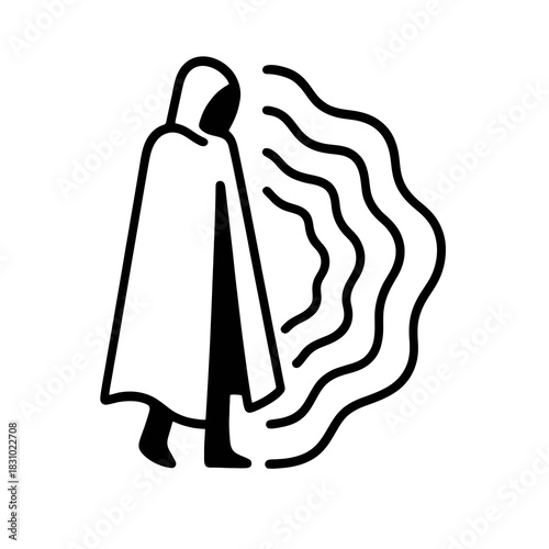 Thin-line black icon of an etherborne scout fading into dimensional layers, representing stealth planar traversal. Flat vector, ideal for RPG stealth magic systems and interplanar reconnaissance.