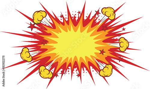Comic explosion graphic, cartoon burst vector, dynamic action design, dramatic pop art style, smoke puff illustration, red star explosion