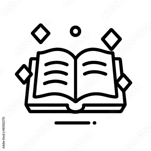 Thin-line black icon of sentient spellbook core with floating arcane hinges, symbolizing forbidden intelligence woven into magical artifacts. Ideal for RPG UI and dark fantasy systems.