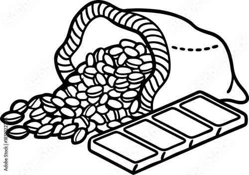 cocoa beans spilling from sack with chocolate bar outline illustration of sweet dessert ingredient