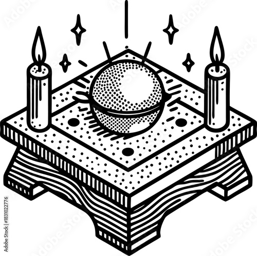 Mystic crystal ball on wooden altar table with burning candles and magical ritual symbols