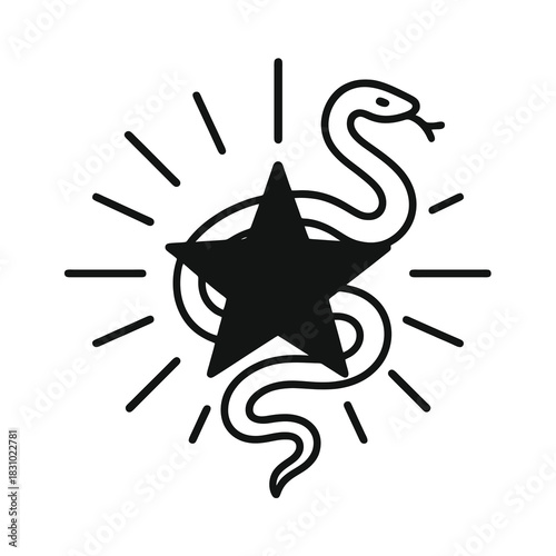 Thin-line black celestial serpent icon wrapped around an eclipsed star, symbolizing mythical cosmic power. Flat vector, ideal for fantasy, space mystery and supernatural concept designs.