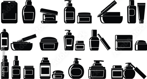 Cosmetic product silhouette icons, beauty container set, lotion pump, makeup jar, skincare tube, spray bottle, personal care packaging design