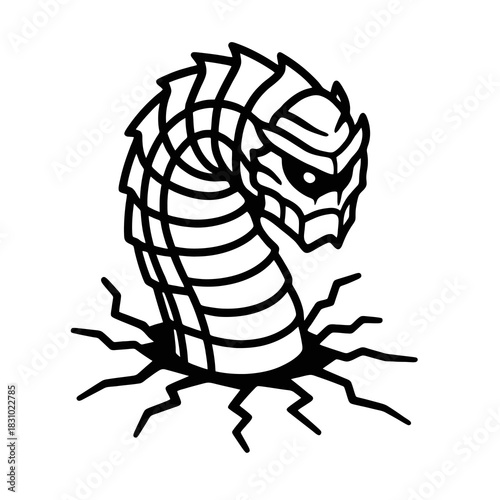 Thin-line black subterranean colossus icon emerging from ground rift, featuring fractured stone armor. Flat vector, ideal for mythical earth creature, dark fantasy and ancient power themed designs.