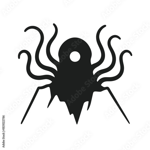 Thin-line black eldritch deep-sea entity icon rising from ocean abyss, symbolizing ancient unknown power. Flat vector, ideal for horror, mythology and cosmic mystery themed designs.