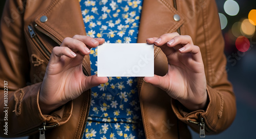 Business Woman Holding Blank Card for Marketing Information Corporate Identity or Promotion Showing a Mockup of Advertisement or Visiting Card Product Presentation Ad