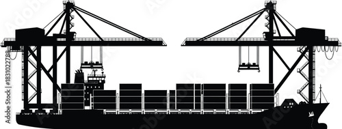 Container ship at industrial port with cranes loading cargo, maritime logistics transportation, international shipping, global trade, import export, dockyard operations
