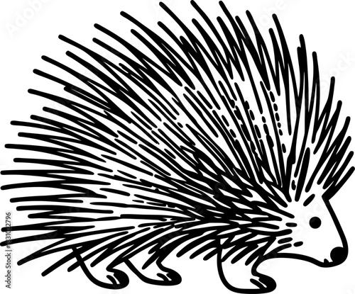 Porcupine outline illustration with stylized quills and simple black line woodland animal design