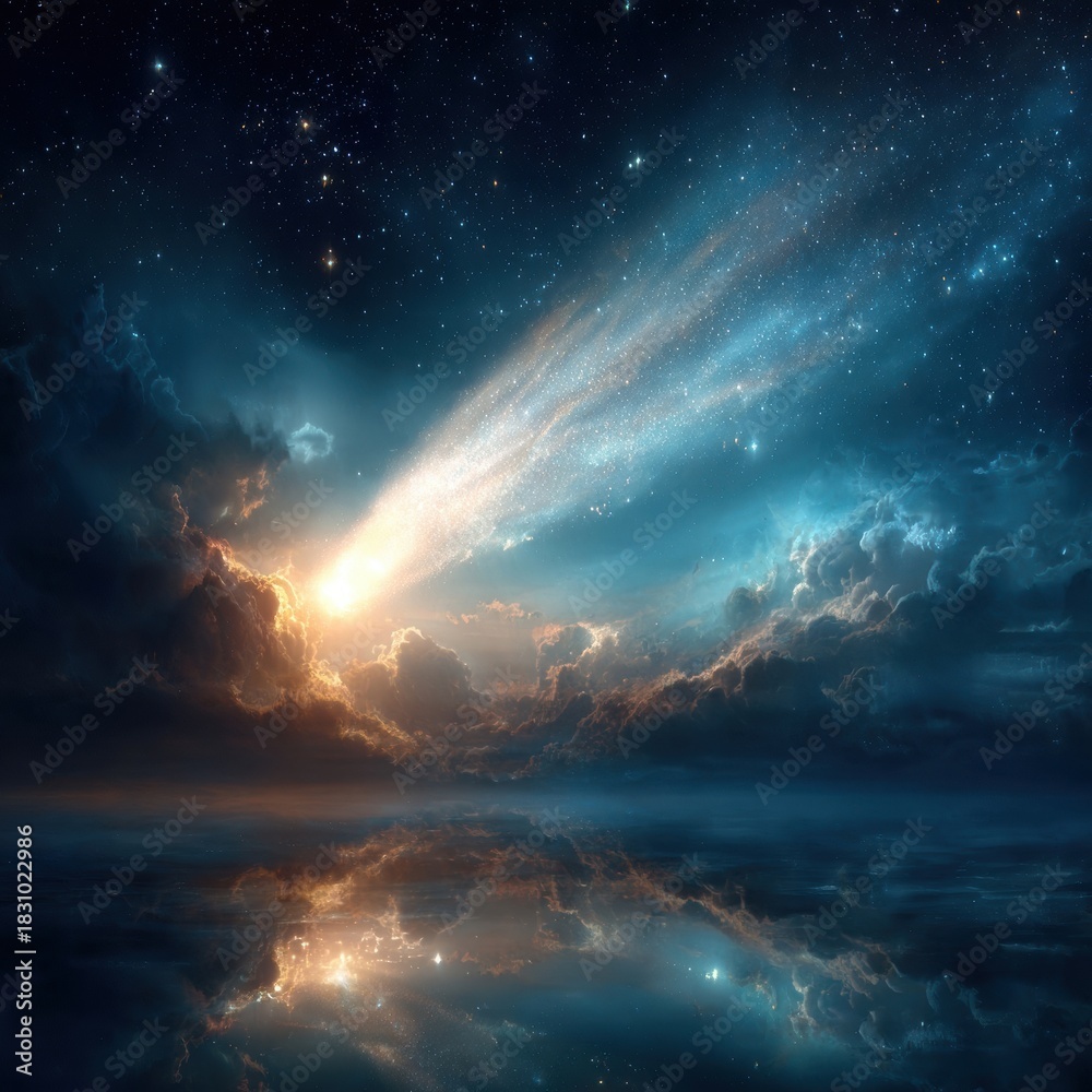 Fototapeta premium Celestial Meteor Shower Reflection in Dark Waters