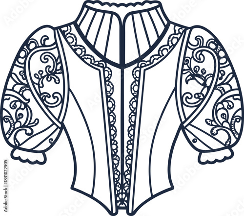 Vintage ornamental corset with lace sleeves elegant decorative bodice outline fashion illustration