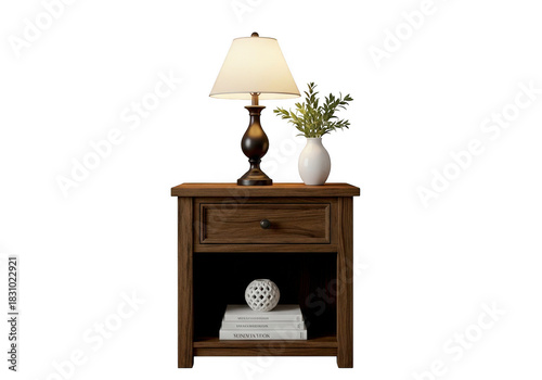 Rustic wooden nightstand with lamp and vase isolated on transparent background