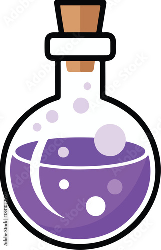 Vector glass flask with bubbling purple liquid and a cork stopper isolated on a transparent background