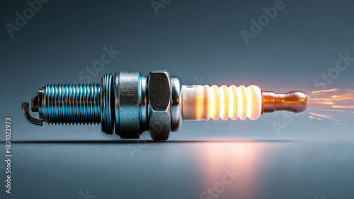 Close-up shot of a glowing spark plug, illustrating ignition and energy. The spark plug is emitting sparks, symbolizing power and combustion