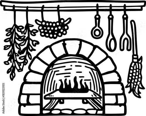 Rustic brick oven with roasting fish, hanging herbs, cooking tools and traditional kitchen decor