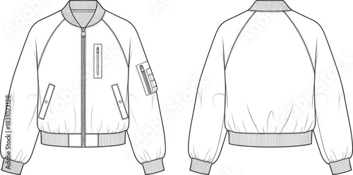 Technical flat sketch of a classic bomber jacket featuring raglan sleeves, ribbed trims, and utility pockets