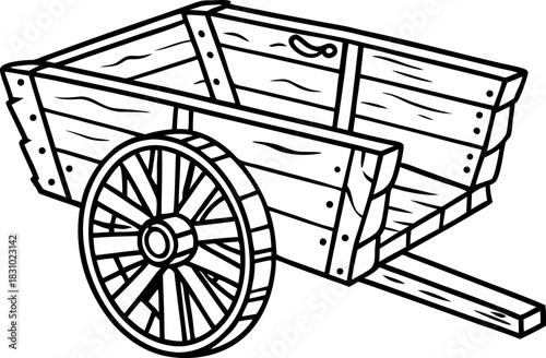 Wooden farm cart illustration with single large wheel and rustic planks, vintage rural transport design