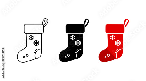 Christmas stocking icon set with outline, black fill, and red fill styles, decorated with snowflakes.