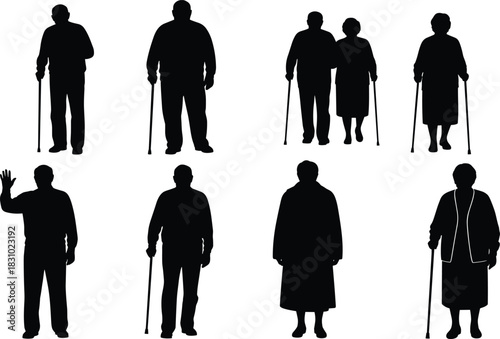 Elderly silhouette set, senior people icons, walking with cane, aging poses, mobility assistance, demographic study, black vector illustration
