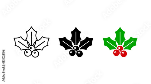 Holly berry icons set with outline, solid black, and festive color variations for holiday design