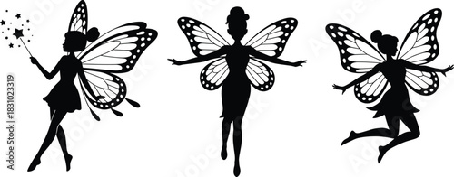 Fairy silhouette trio, magical winged fairies, fantasy illustration, enchanted pose set, whimsical wand stars, flying fairies, fairy tale art, mystical design