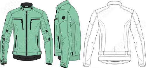Technical flat sketch of a multi-view performance motorcycle jacket featuring zippered vents, collar snaps, and adjustable waist