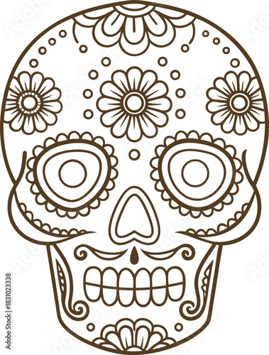 Sugar skull outline with floral decorations, decorative dia de los muertos mexican skull design