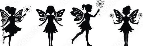 Fairy silhouette vector, magical fantasy illustration, black fairy wings, enchanted wand pose, whimsical girl art, mystical character design