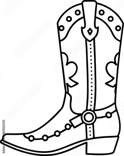 Cowboy boot outline illustration with decorative western pattern and spur detail, black and white line art