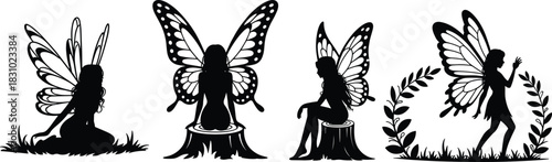 Fairy, silhouette, wings, fantasy, magical, nature, whimsical, black, white, illustration, grass, tree stump, pose, enchanted, mystical, flying, sitting, standing, decorative, woodland