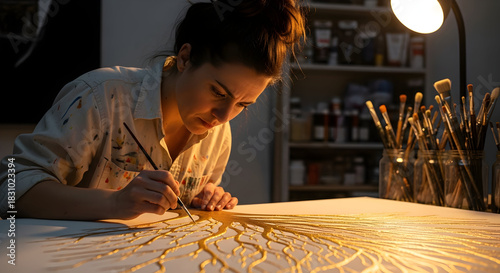 Artist's Golden Touch Inspires Creativity A Woman's Passion in Studio A Creative Journey Unveiled An Artist's Vision A Touch of Gold Unveiling an Artist's Soulful Work