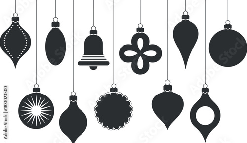 Black Christmas Ornament Silhouette Icons Set. Festive Holiday Vector Art
