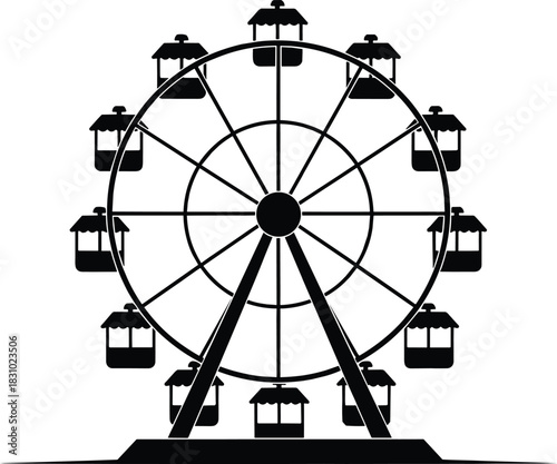 Ferris wheel silhouette vector, amusement park ride illustration, carnival fairground attraction artwork, leisure entertainment symbol, black and white graphic design