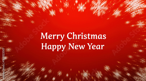 A simple red greeting card with decorative snowflakes surrounding the message 'Merry Christmas and Happy New Year' in elegant font.