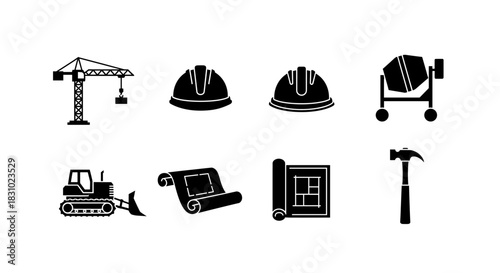 Construction icons showcase equipment, safety, and blueprints for innovative building projects and robust infrastructure development planning