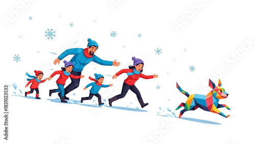 Family Chasing a Geometric Polygonal Dog in the Snow. Cheerful Winter Outdoor Fun and Adventure Illustration.