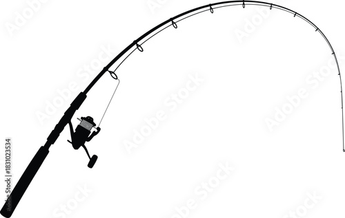 Fishing rod silhouette with reel, bent line tension vector illustration, sport angling icon, outdoor activity design, fishing tackle equipment graphic