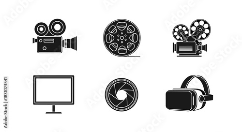 Explore cinema history with classic film cameras, reels, VR headsets, and modern TV screens for innovative storytelling and visual experiences