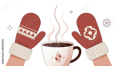 Cozy Winter Hands in Patterned Mittens Holding a Steaming Mug of Hot Drink. Flat Vector Illustration for Christmas Holidays.