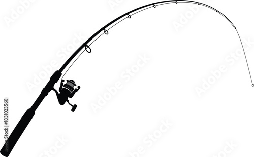 Fishing rod silhouette with reel, curved line tension vector illustration, sport fishing icon, outdoor activity design, angling equipment graphic art
