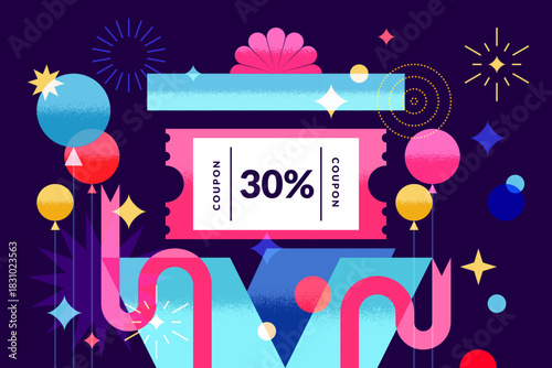 Vector illustration of open gift box with discount coupon and air balloons. Design for banner, holiday offer, voucher