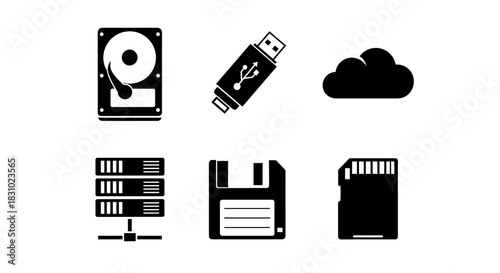 Data storage evolution showing hard drive, USB, cloud, server, floppy disk, SD card for business presentations and IT projects in black and white