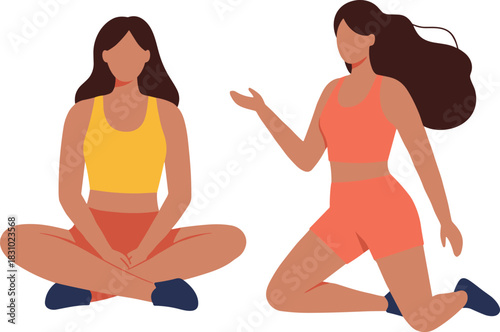 Fitness women illustration, casual workout pose, female character vector, yoga conversation art, gym fashion design, faceless style, active lifestyle concept