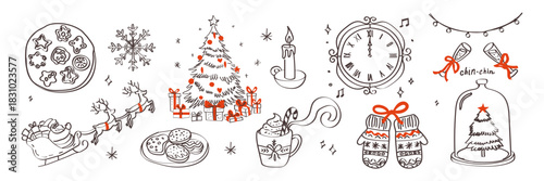 Hand drawn festive doodles featuring Christmas mittens, candles, bows, holiday food, champagne glasses, and a vintage style design. Ideal for Christmas invitations, seasonal decor, and celebration